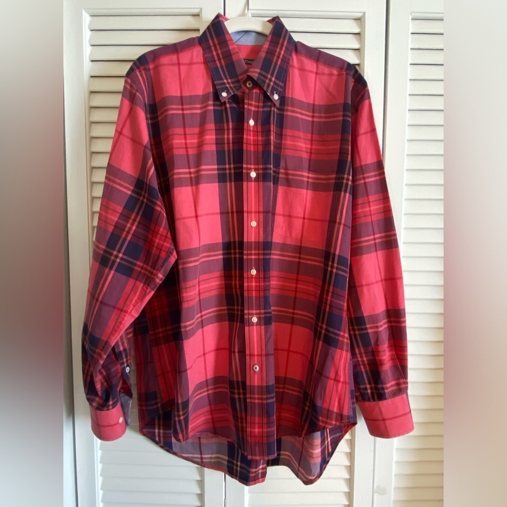 J. McLaughlin Redish/Pink Plaid Long Sleeve Button Up Shirt, Size M, Collar